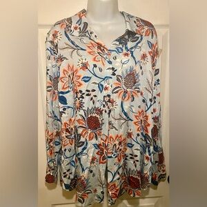 Chico’s size 16-18 blouse in Light Blue, Orange & Navy 100% modal soft